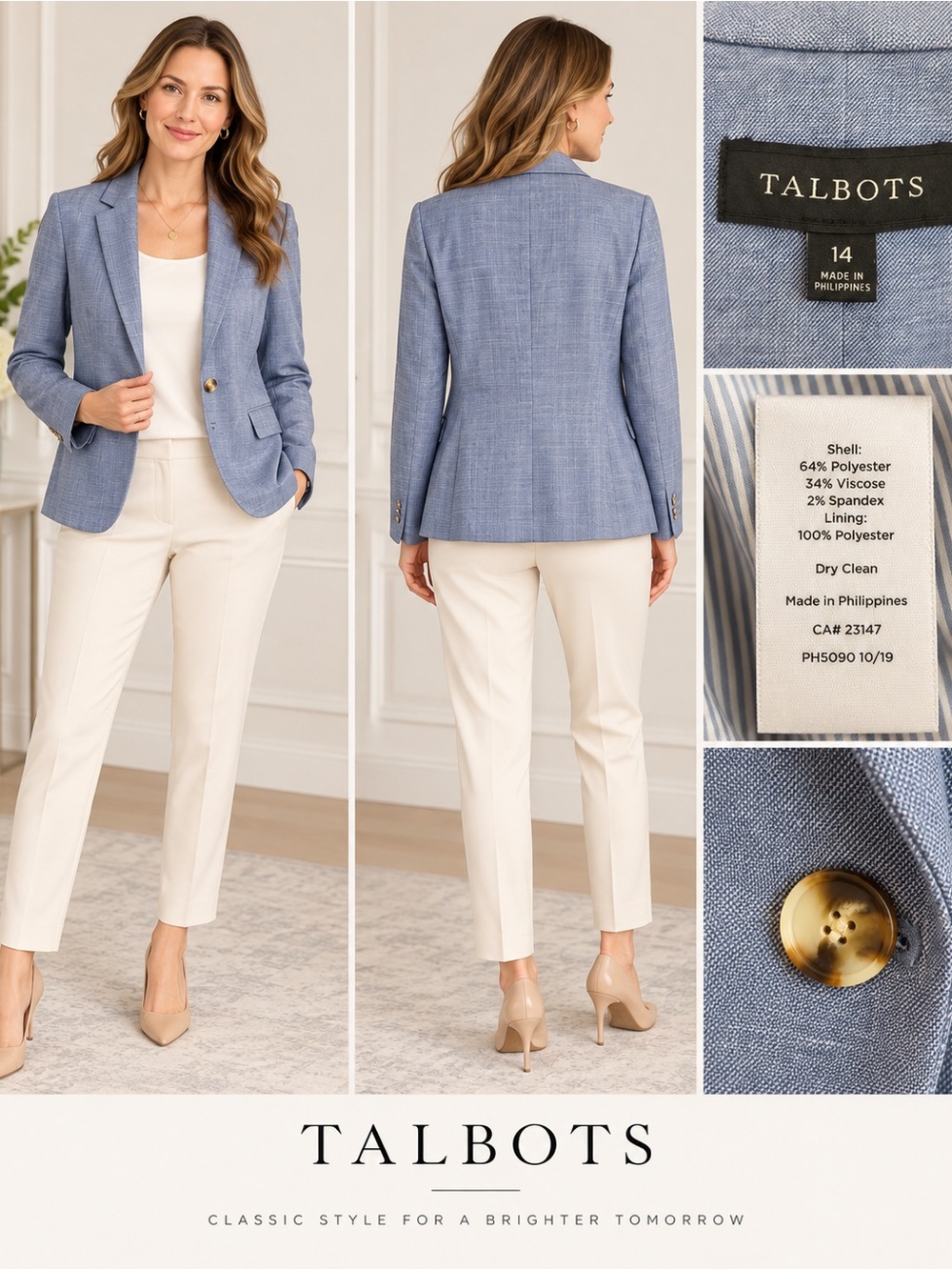 Talbots Size 14 Blue Blazer Tortoiseshell Button Stretch Career Jacket